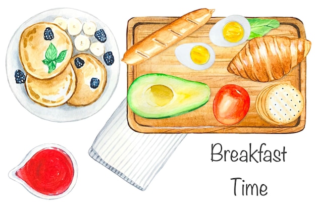 Healthy breakfast pancakes avocado croissant tomato eggs cookies Watercolor