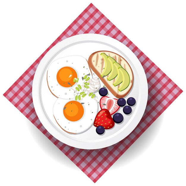 Vector healthy breakfast with fried egg and fruit and bread