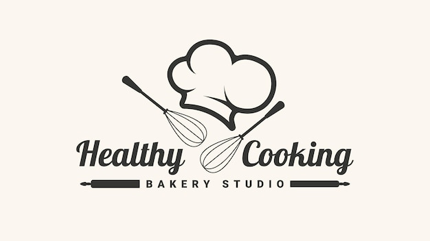 Healthy Cooking logo with chef hat and whisk. Vector illustration logotype for restaurant.