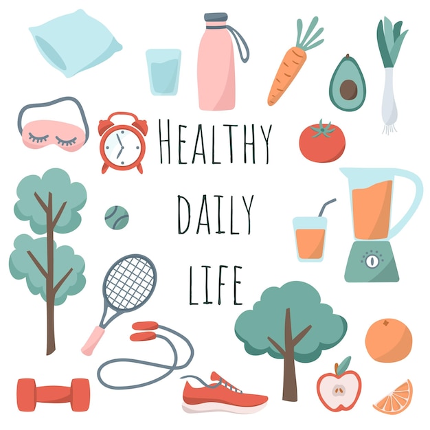 Healthy daily life trendy flat style vector illustration infographic set of individual elements