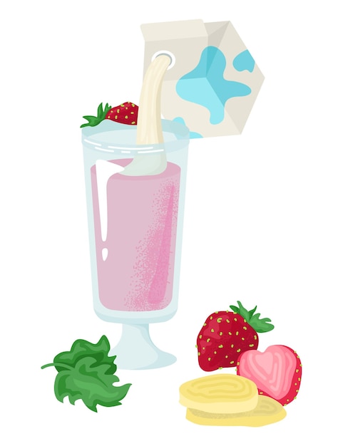 Healthy dairy yogurt milkshake concept strawberry mint leaf milk smoothies cartoon vector