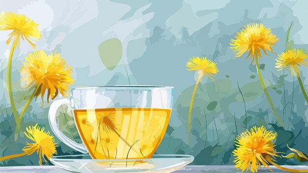 Healthy Dandelion Tea in Glass Cup on Grey Background