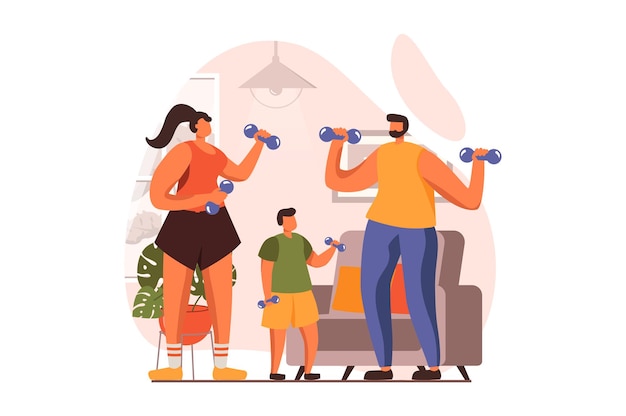 Healthy families web concept in flat design Happy father mother and son exercises with dumbbell