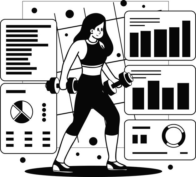 Healthy fitness girl lifting weights in gym illustration in doodle style