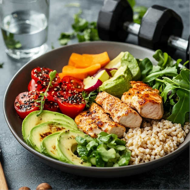 Vector healthy fitness meal with grilled chicken avocado slices tomatoes arugula leaves buckwheat groats