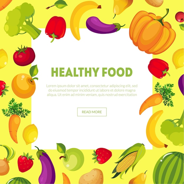 Healthy Food Banner with Space for Text Fresh Vegetables and Fruits Vector Illustration Web Design