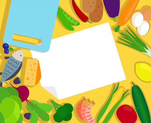 Healthy food and blank paper template