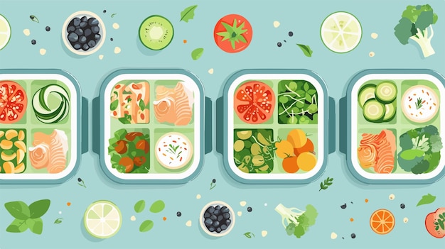 Vector healthy food containers and meal plan on colorful background