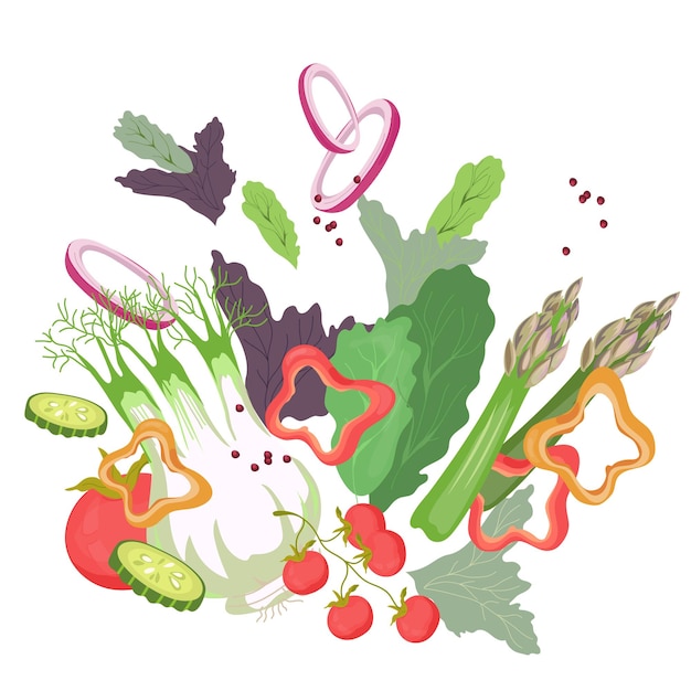 Healthy food and fresh vegetables emblem flat vector illustration isolated