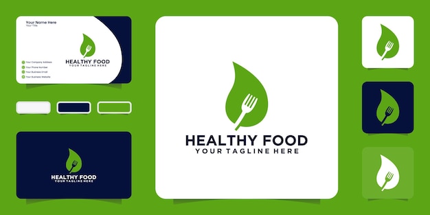 Healthy food logo design inspiration, leaf and fork with business card