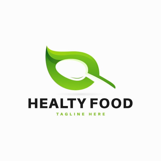 healthy food logo with leaf and spoon sign concept