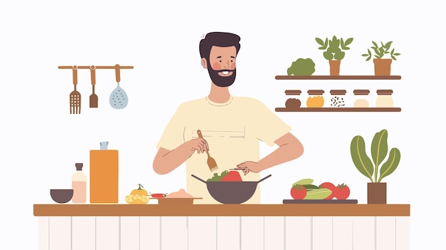 Vector healthy food preparation at home by husband flat vector illustration