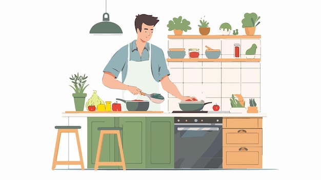 Vector healthy food preparation at home by husband flat vector illustration