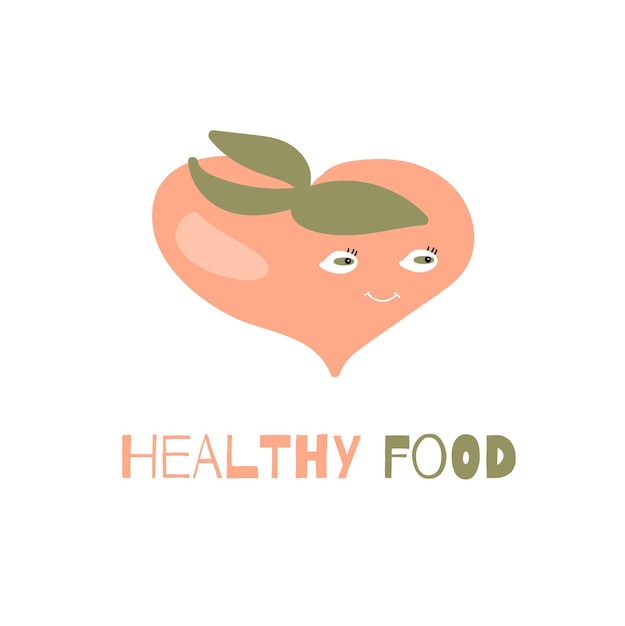 Vector healthy food quote cute hand drawn card with funny cartoon peach fruit image