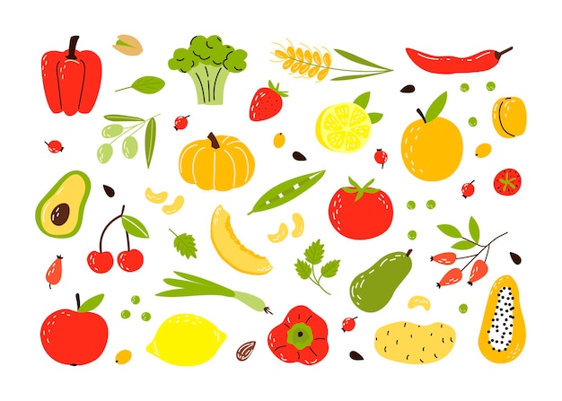 Healthy food set. Fruits, vegetables and nuts. Cartoon flat vector illustration isolated on white background.