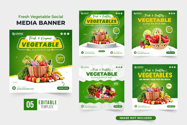 Healthy food social media post set design with green and yellow colors Organic vegetable sale discount template bundle for marketing Fresh vegetable advertisement poster collection