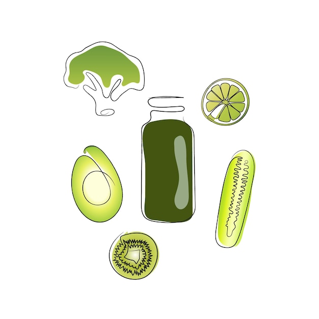 Healthy fresh drink with green ingredients.Set of fruits and vegetables.One line vector illustration