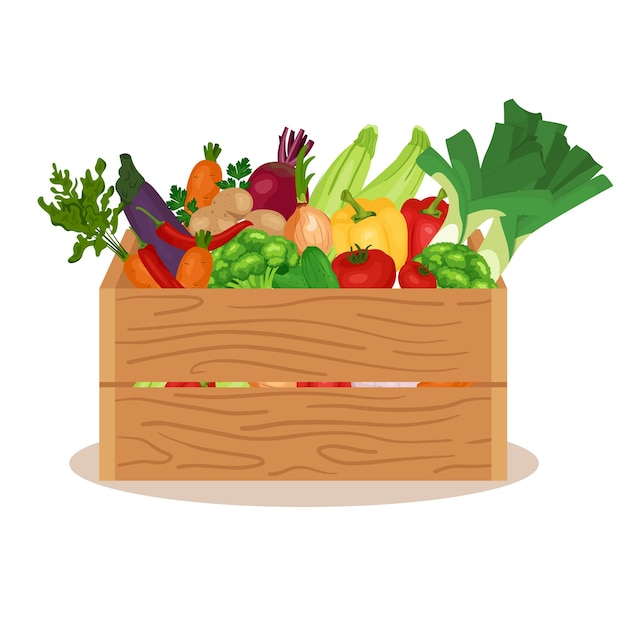 Healthy freshly harvested vegetables in a wooden crate and eco grocery shopping concept banner