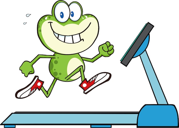 Healthy Green Frog Running On A Treadmill. Vector Illustration