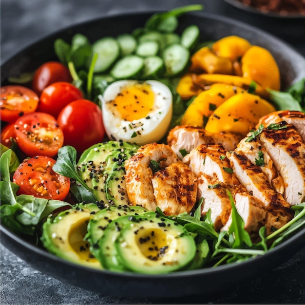 Vector healthy grilled chicken salad with fresh avocado boiled eggs cherry tomatoes spinach cucumber and