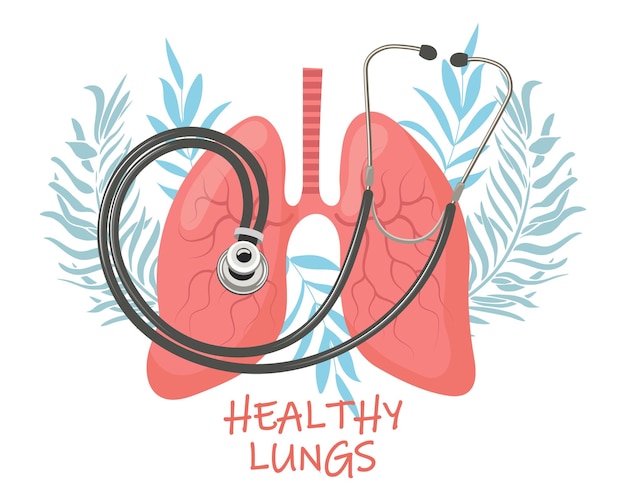 Healthy human lungs with a stethoscope on a background of leaves and flowers Medicine concept