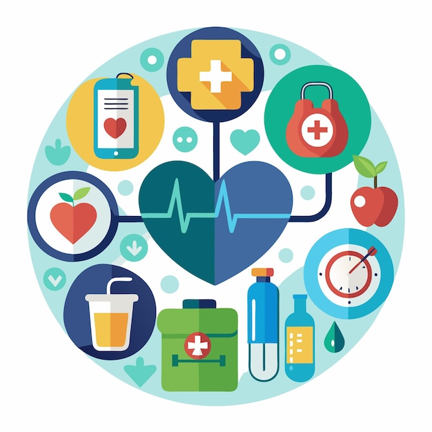 Vector healthy lifestyle concept with a heart apple first aid kit medicine bottle juice and medical icons