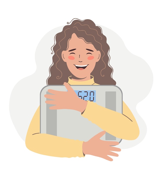 Healthy lifestyle, diet, weight loss concept. Young happy woman holds a scale in her hands, and feels confident, having lost weight and having found an ideal body shape. Vector