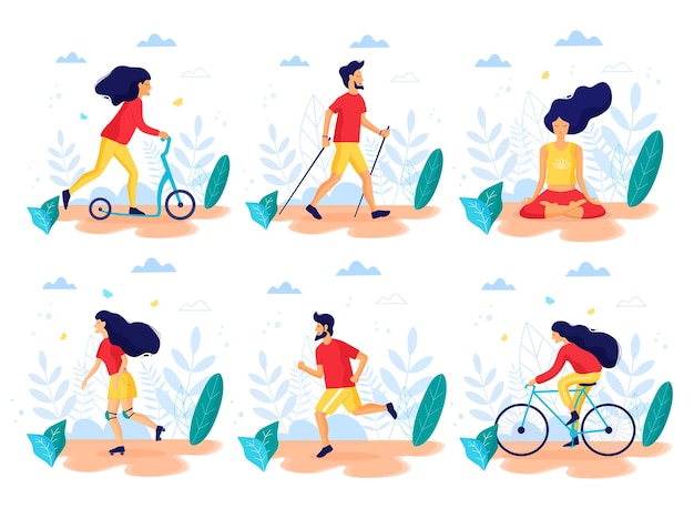 Healthy lifestyle Different physical activities Flat vector illustration