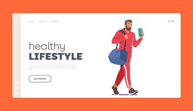 Vector healthy lifestyle landing page template man carrying a sports bag while walking to gym male leading active sports life