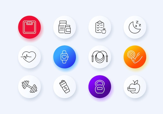 Healthy lifestyle set icon Pills healthy sleep fitness bracelet jump rope dumbbells kettlebell fruits cardiology Sport concept Neomorphism style Vector line icon for Business and Advertising