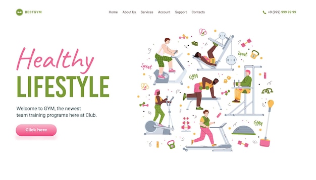 Healthy lifestyle website with people training in gym flat vector illustration