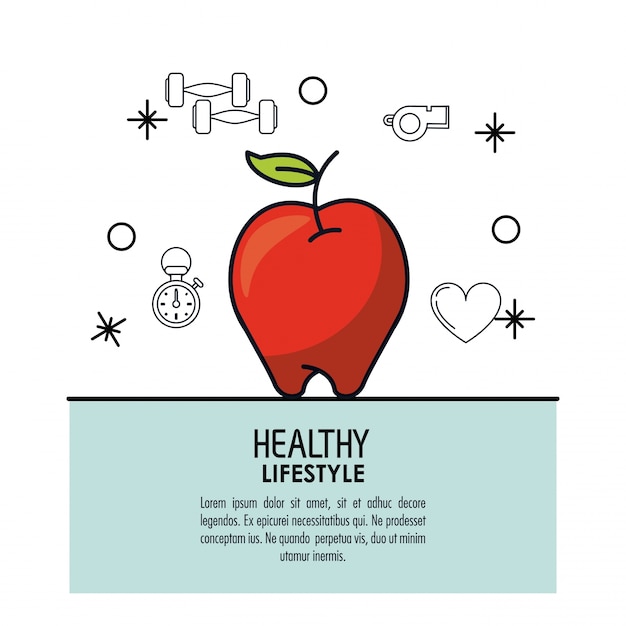  healthy lifestyle with apple fruit over light blue frame 