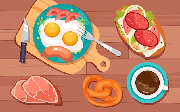 Healthy morning breakfast nutrition ingredients manu top view concept cartoon graphic design