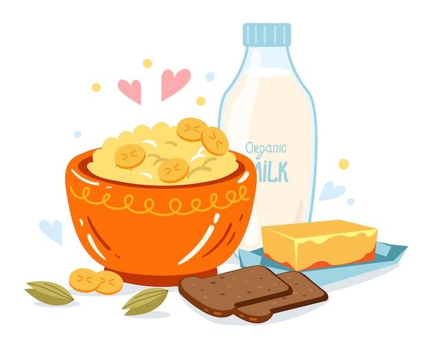 Healthy morning milk porridge breakfast nutrition meal concept graphic design illustration