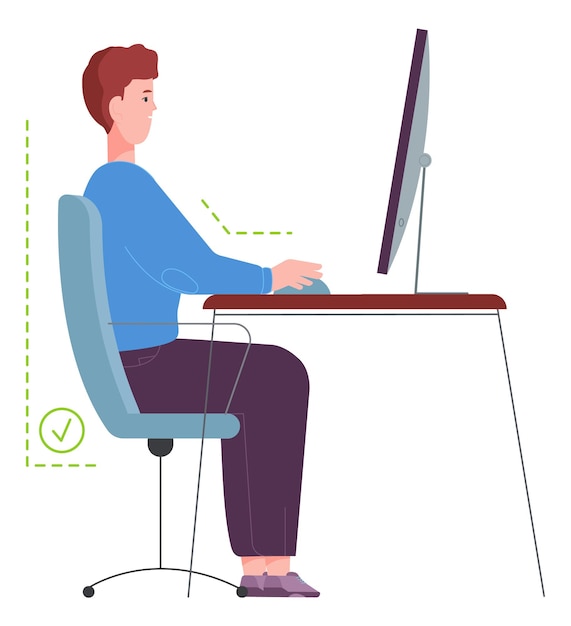 Vector healthy pose for long sitting right chair for computer work