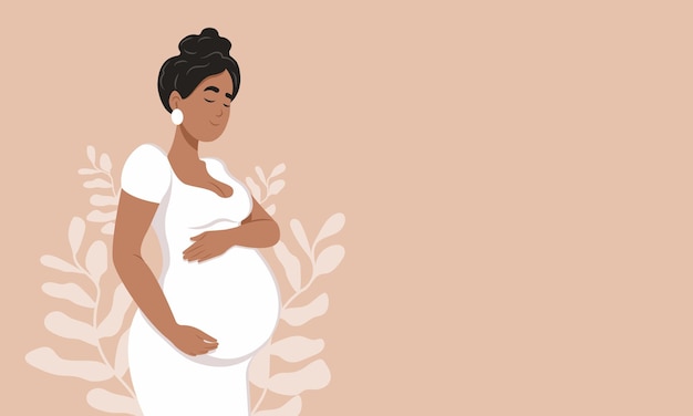 Healthy pregnancy banner Beautiful pregnant black woman hugs her belly