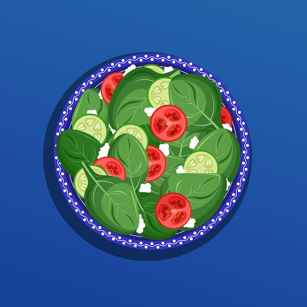 Vector healthy salad with spinach and tomatoes in blue traditional bowl