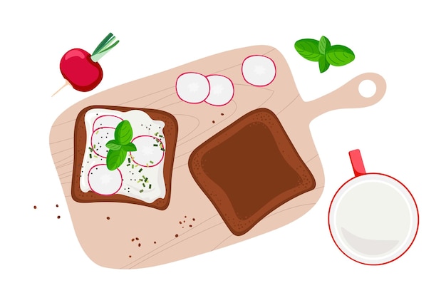 Healthy Sandwich with cottage cheese basil and garden radish on cutting board Ingredients