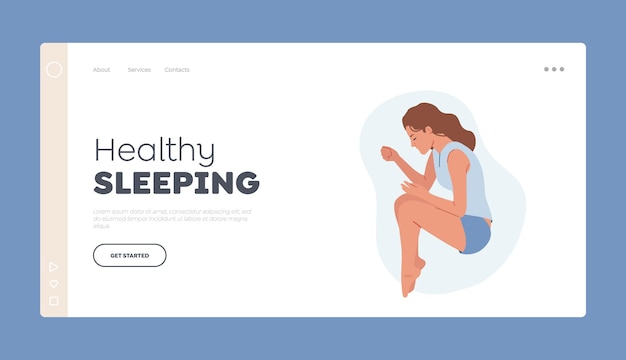 Healthy Sleeping Landing Page Template Tired Woman Wear Pajama Sleep on Side in Embryo Fetal Pose Night Relaxation