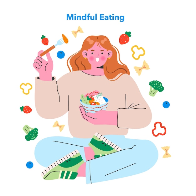 Healthy snacking concept woman enjoying a bowl of nutritious food surrounded by fresh produce icons