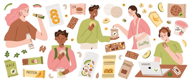 Vector healthy snacks vector illustration set people eating nutrition bars dried fruits and seeds flat