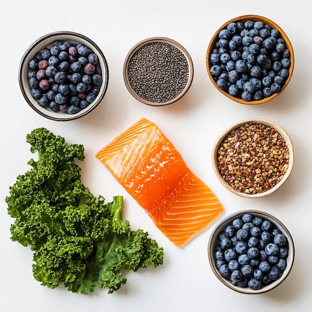 Vector healthy superfoods blueberries chia seeds salmon buckwheat groats and kale for optimal nutrition