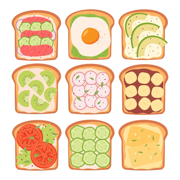 Healthy toast with vegetables fruits cheese and fish