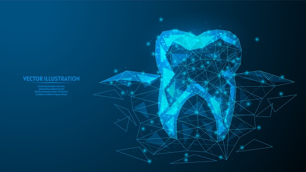 A healthy tooth with roots growing from under the gums. Close-up dental concept, oral hygiene. Innovative medicine and technology. 3d low poly wireframe model  illustration.