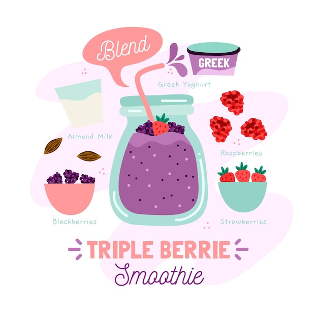 Vector healthy triple berrie smoothie recipe illustration