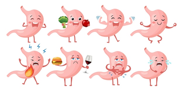 Healthy and unhealthy stomach character icons set. Flat cartoon illustration. Digestive tract