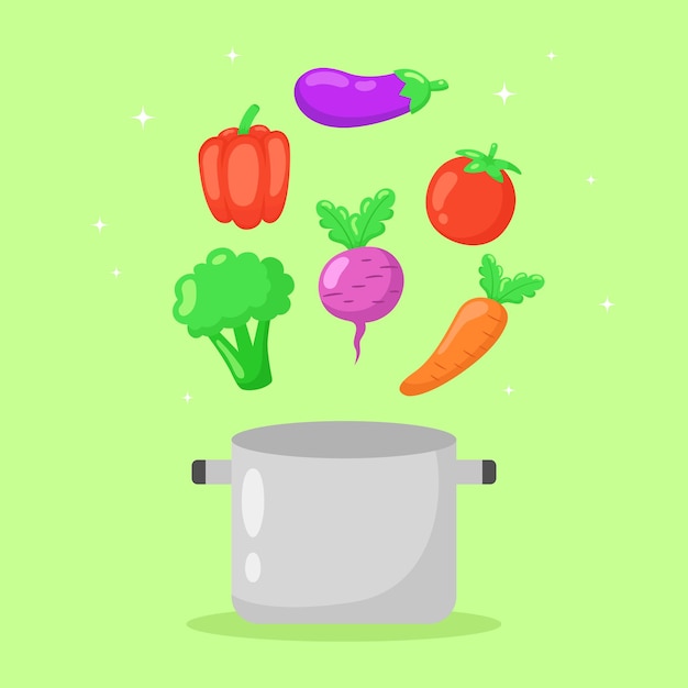 Healthy Vegetables Flying Off Pan Hand Drawn Illustration.