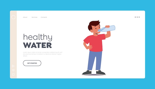 Healthy Water Landing Page Template Child Drink Refreshment Thirst Kid Drinking Clean Water Little Boy with Bottle