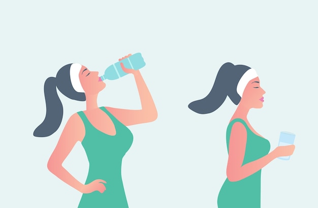 Healthy woman drinking water from plastic bottle vector illustration Healthy lifestyle concept