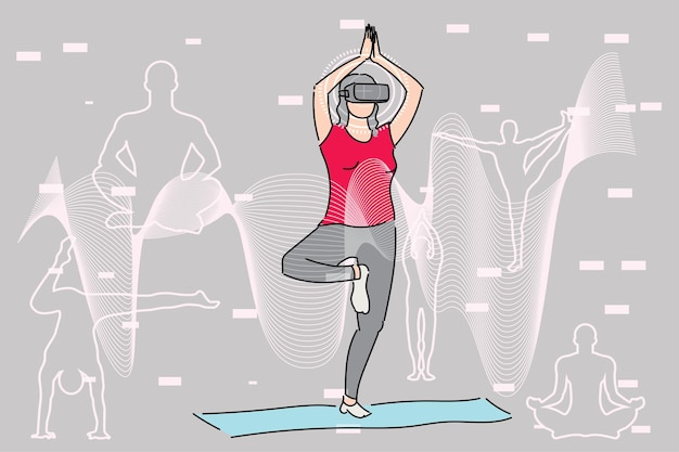 Healthy woman exercising on Yoga mat in virtual reality world Flat design illustration